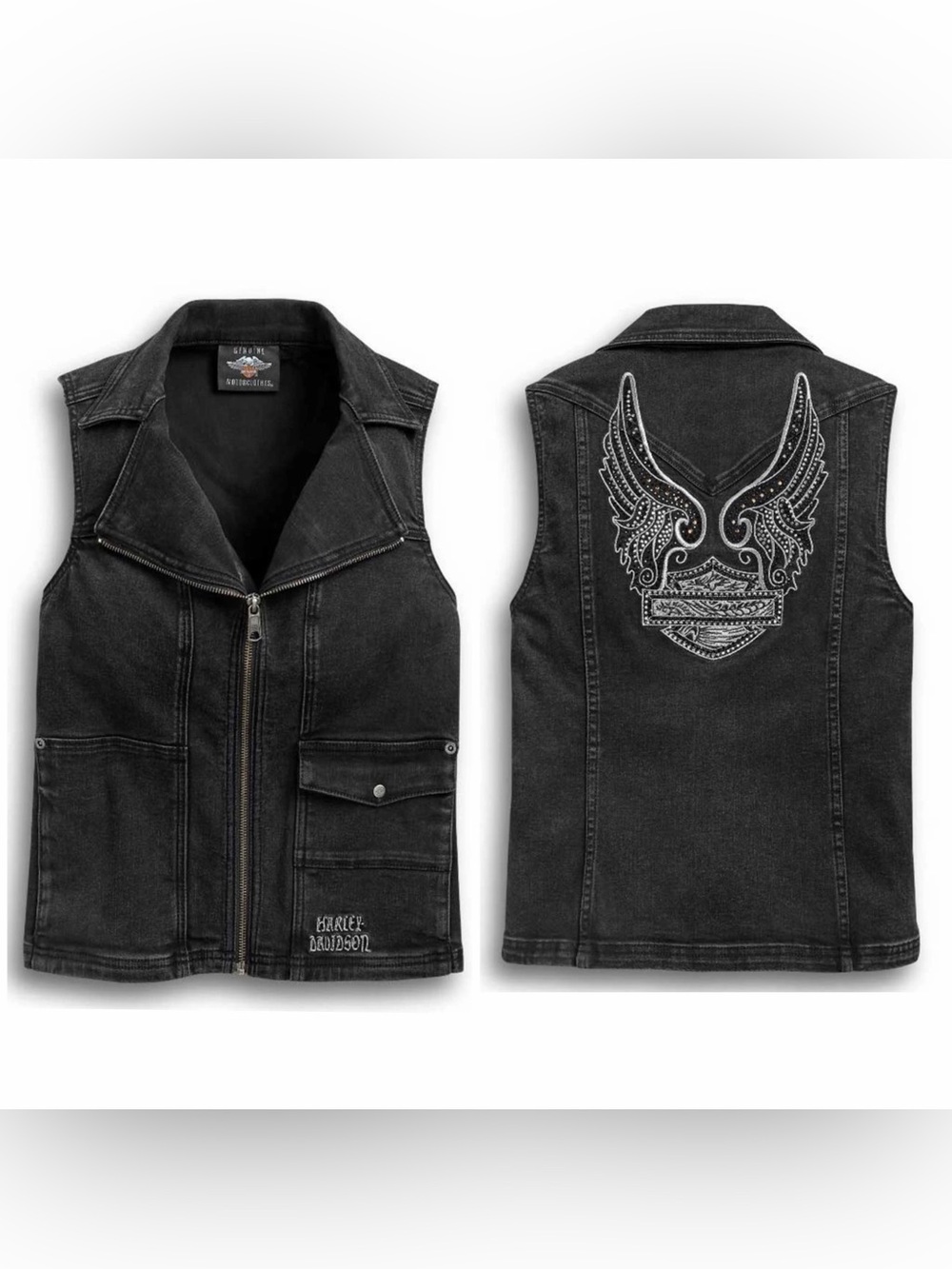Harley-Davidson Women's Winged Logo Zip-Front Denim Jean Vest Size Small Black